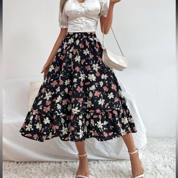 Floral Midi Skirt Ruffle Hem M - Picture 4 of 6